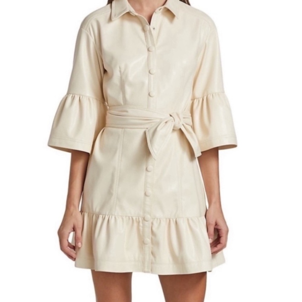 Veronica Beard Leather Cream Tie-Waist Mini Dress